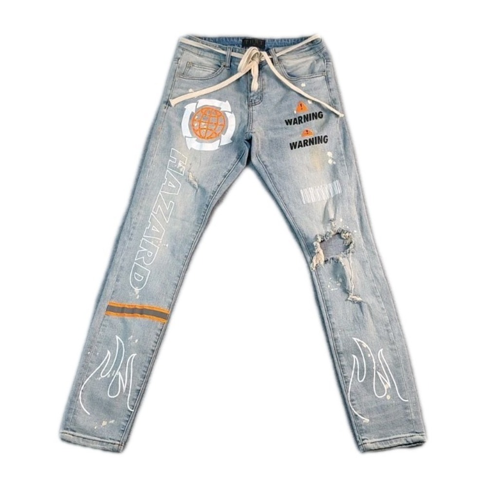THRT Orange Hazard Denim Jeans Blue Distressed Graphic Streetwear Sz 30X32 Flaw